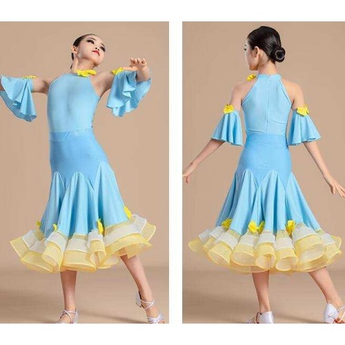 Blue with yellow ballroom dance dresses for girls kids children ruffles waltz tango foxtrot smooth dance long skirts for kids